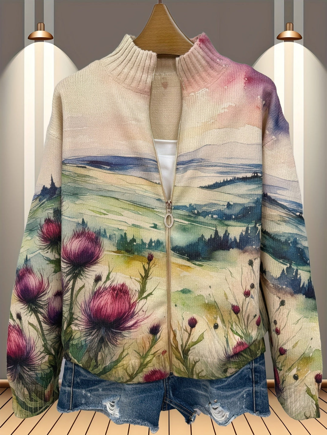 Damen Strickjacke mit Aquarellmuster für Herbst (2)