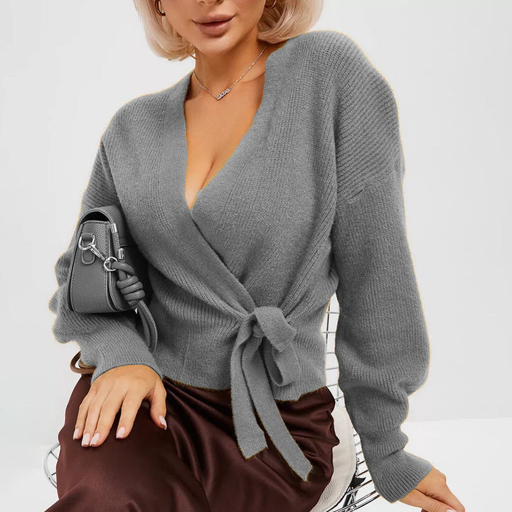 Damen Strickjacke mit Bindegürtel im Wickel-Stil in Grau