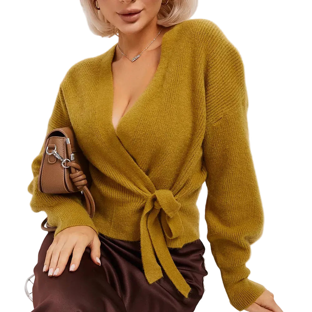 Damen Strickjacke mit Bindegürtel im Wickel-Stil in Kamel