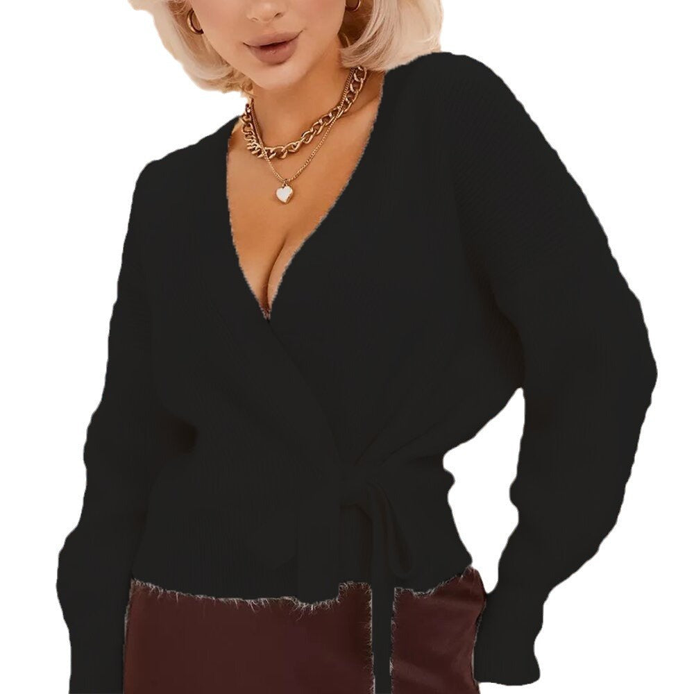 Damen Strickjacke mit Bindegürtel im Wickel-Stil in Schwarz