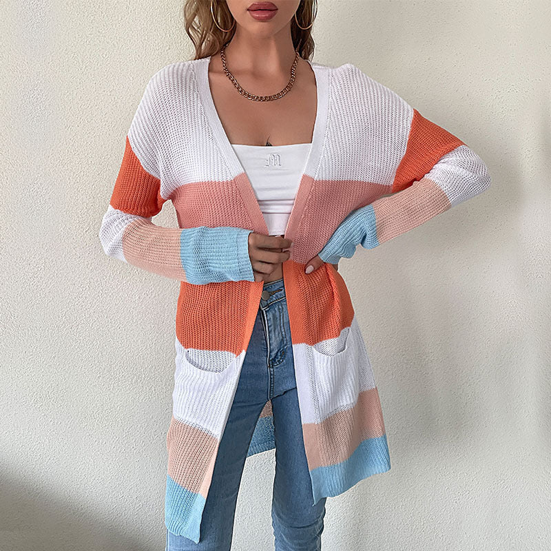Damen Strickjacke mit Blockstreifen zum Überziehen (2)