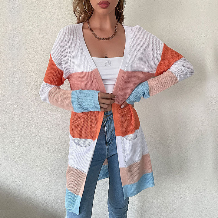 Damen Strickjacke mit Blockstreifen zum Überziehen (2)