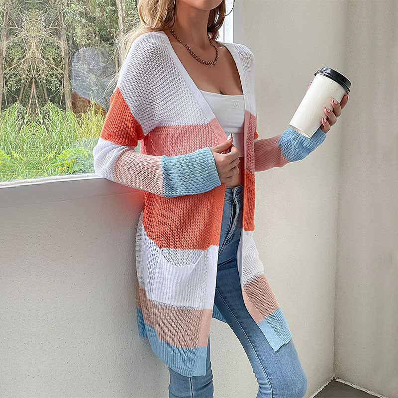 Damen Strickjacke mit Blockstreifen zum Überziehen (3)