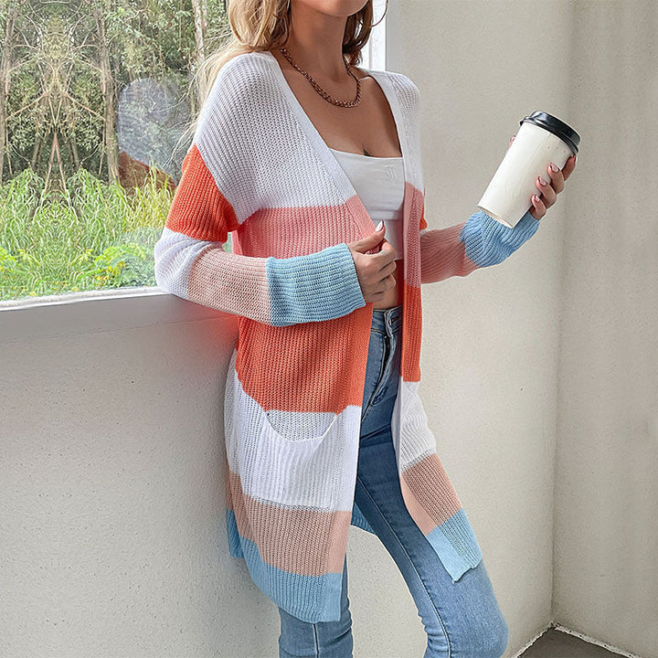 Damen Strickjacke mit Blockstreifen zum Überziehen (3)