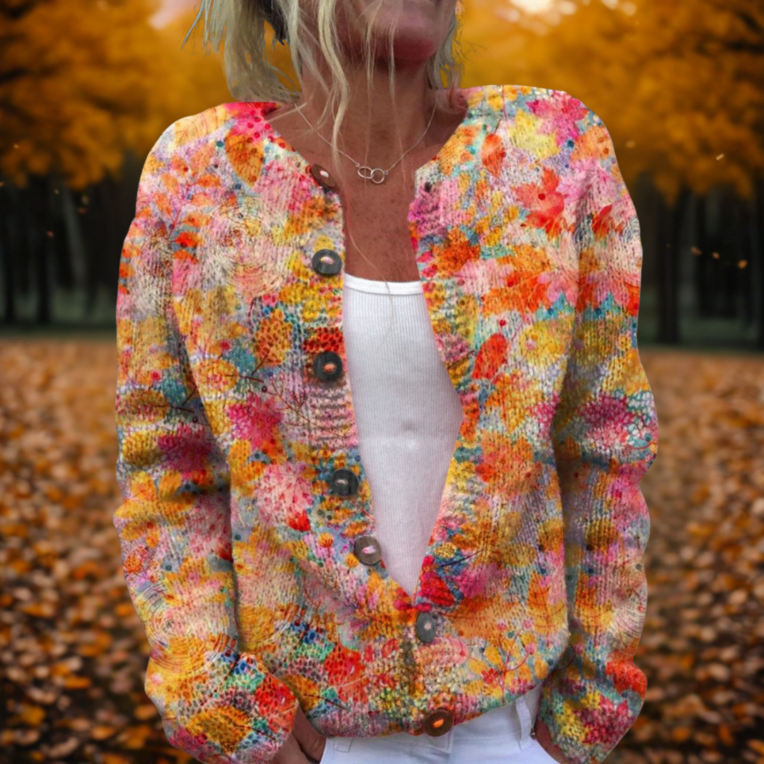 Damen Strickjacke mit Blumenmuster für Herbst in Mehrfarbig