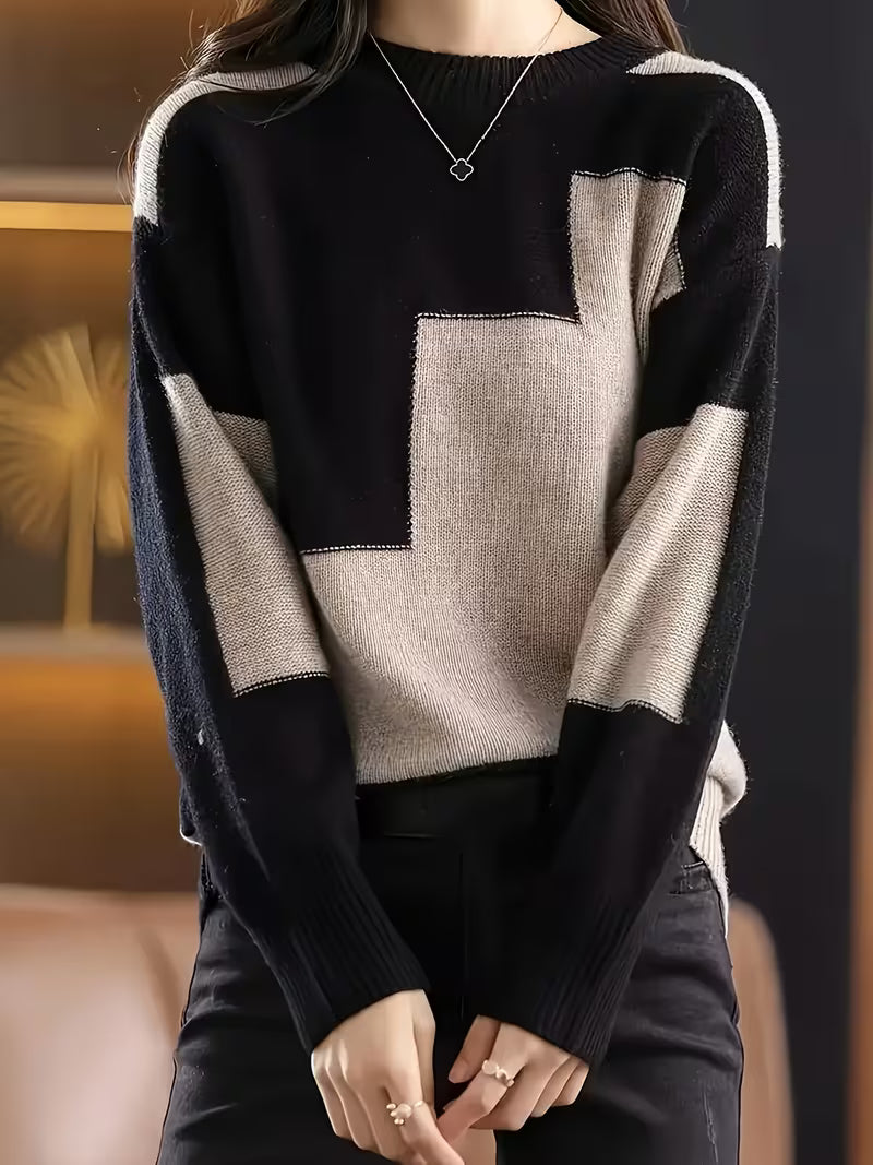 Damen Strickjacke mit grafischen Farbblöcken in Schwarz-Beige