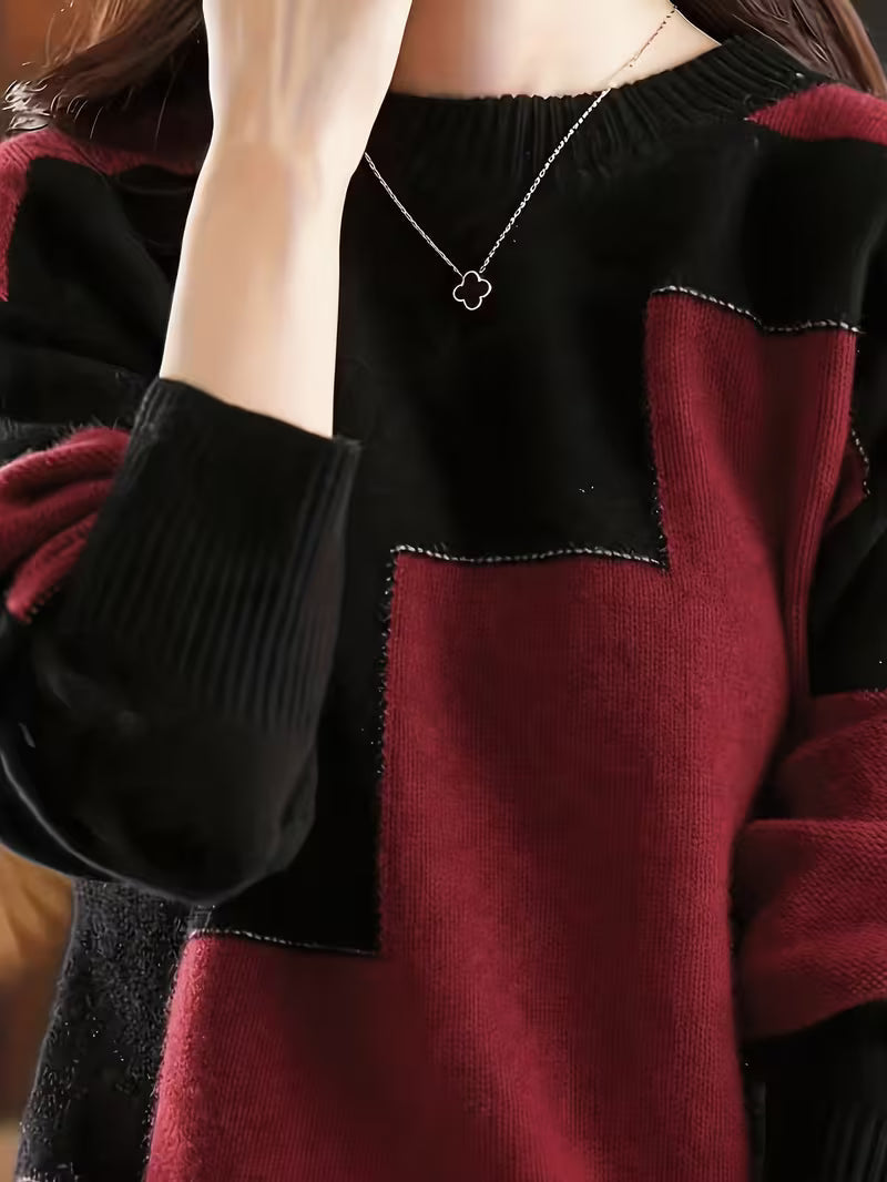 Damen Strickjacke mit grafischen Farbblöcken in Weinrot