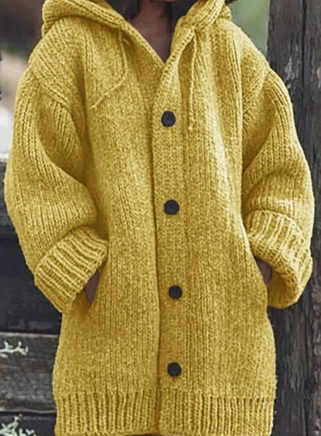 Damen Strickjacke mit Kapuze in Chunky-Knit in Gelb