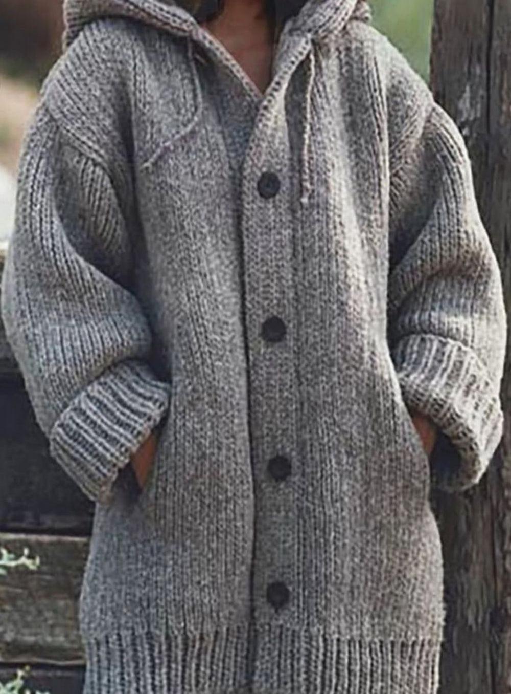 Damen Strickjacke mit Kapuze in Chunky-Knit in Grau