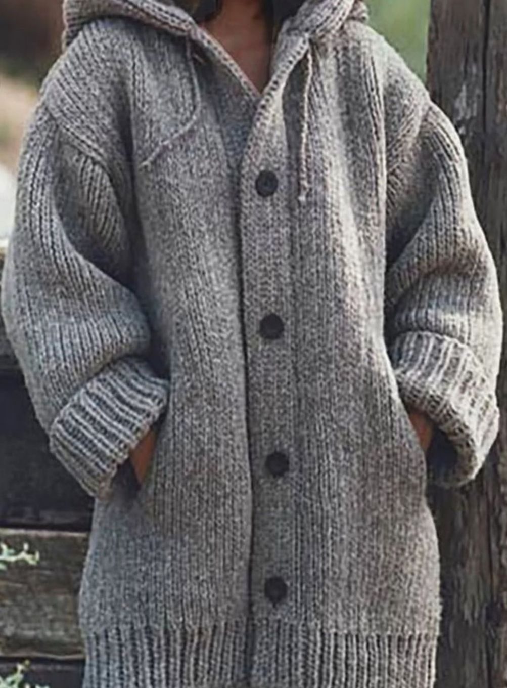 Damen Strickjacke mit Kapuze in Chunky-Knit in Grau