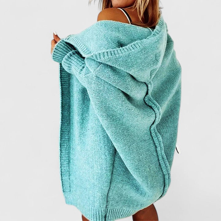 Damen Strickjacke mit Kapuze Knielang in Blau