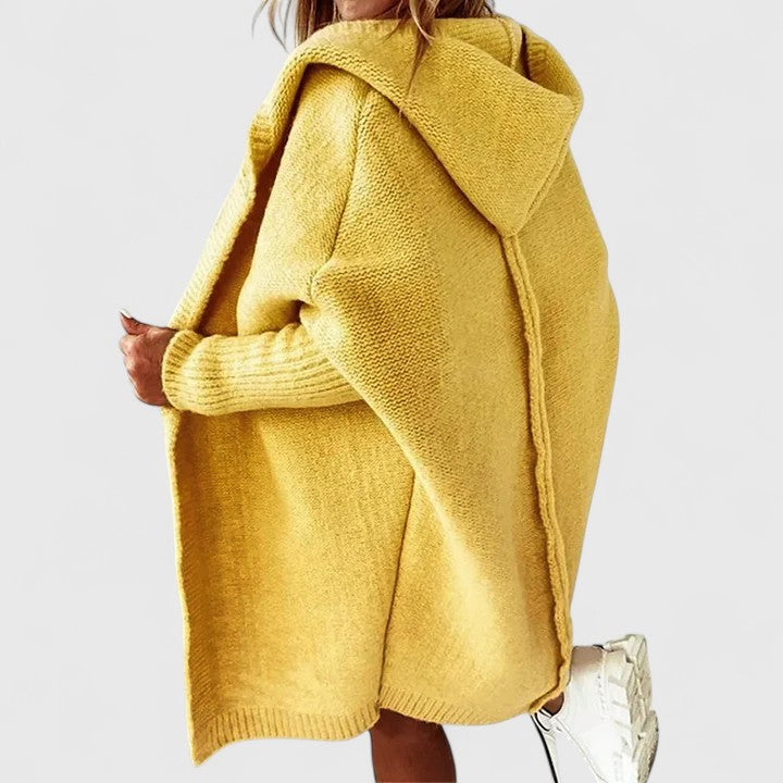 Damen Strickjacke mit Kapuze Knielang in Gelb