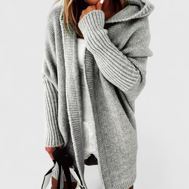 Damen Strickjacke mit Kapuze Knielang in Grau