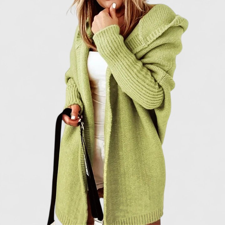 Damen Strickjacke mit Kapuze Knielang in Grün