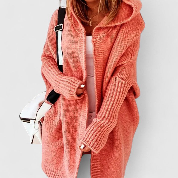 Damen Strickjacke mit Kapuze Knielang in Orange
