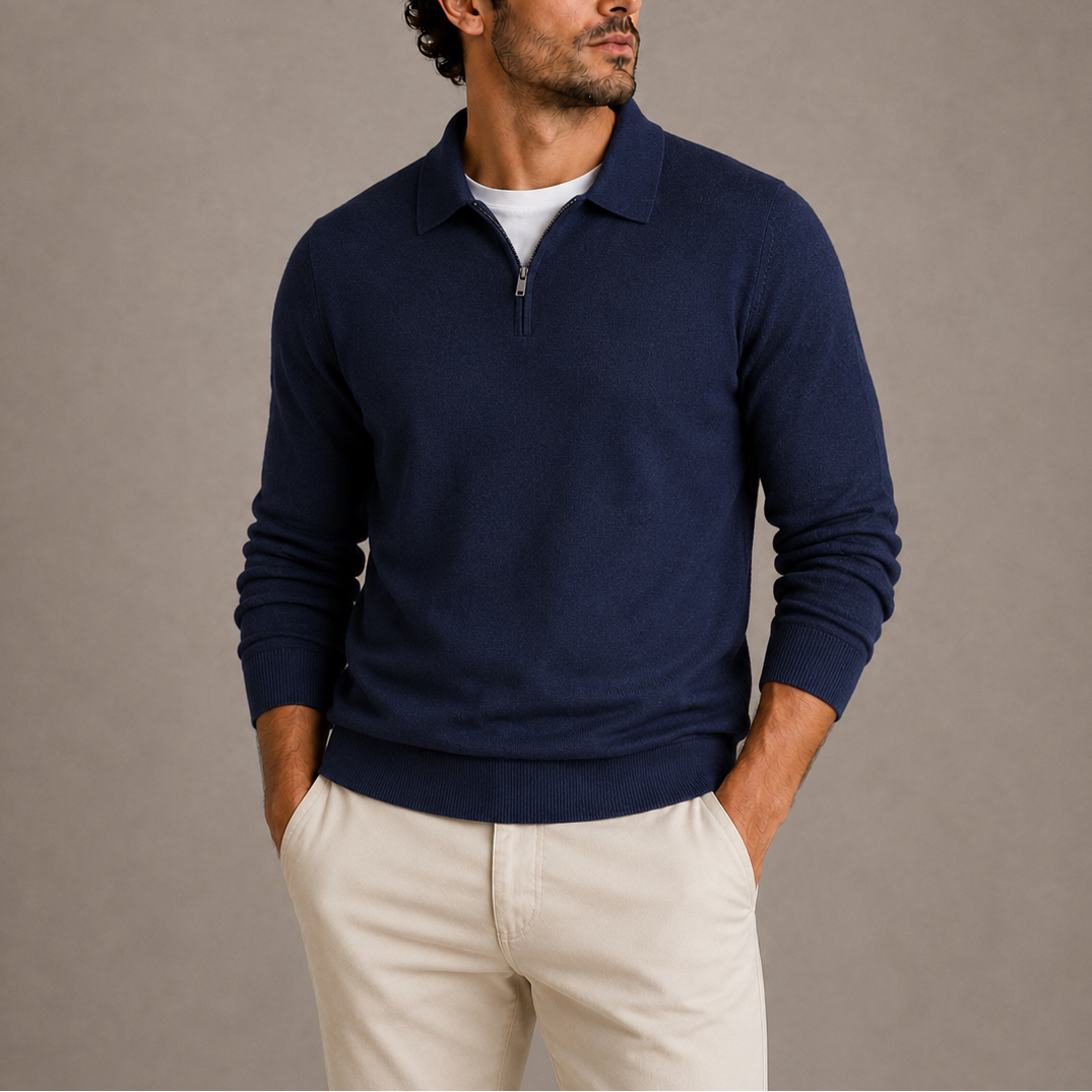 Damen Strickjacke mit Polokragen und Reißverschluss in Marineblau