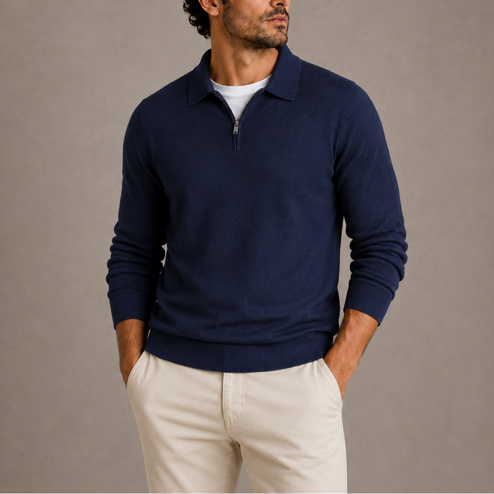 Damen Strickjacke mit Polokragen und Reißverschluss in Marineblau