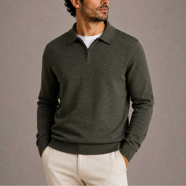 Damen Strickjacke mit Polokragen und Reißverschluss in Olivgrün