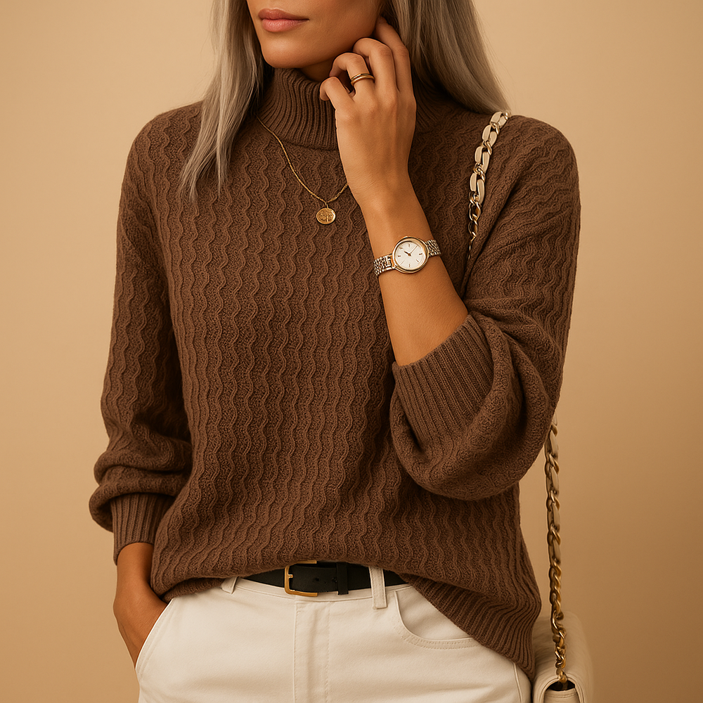 Damen Strickjacke mit Rollkragen und Langarm in Dunkelbraun