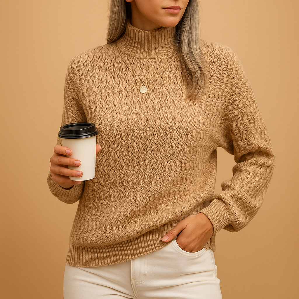 Damen Strickjacke mit Rollkragen und Langarm in Hellbraun