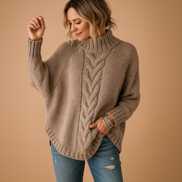 Damen Strickjacke mit Rollkragen und Longline-Schnitt in Braun