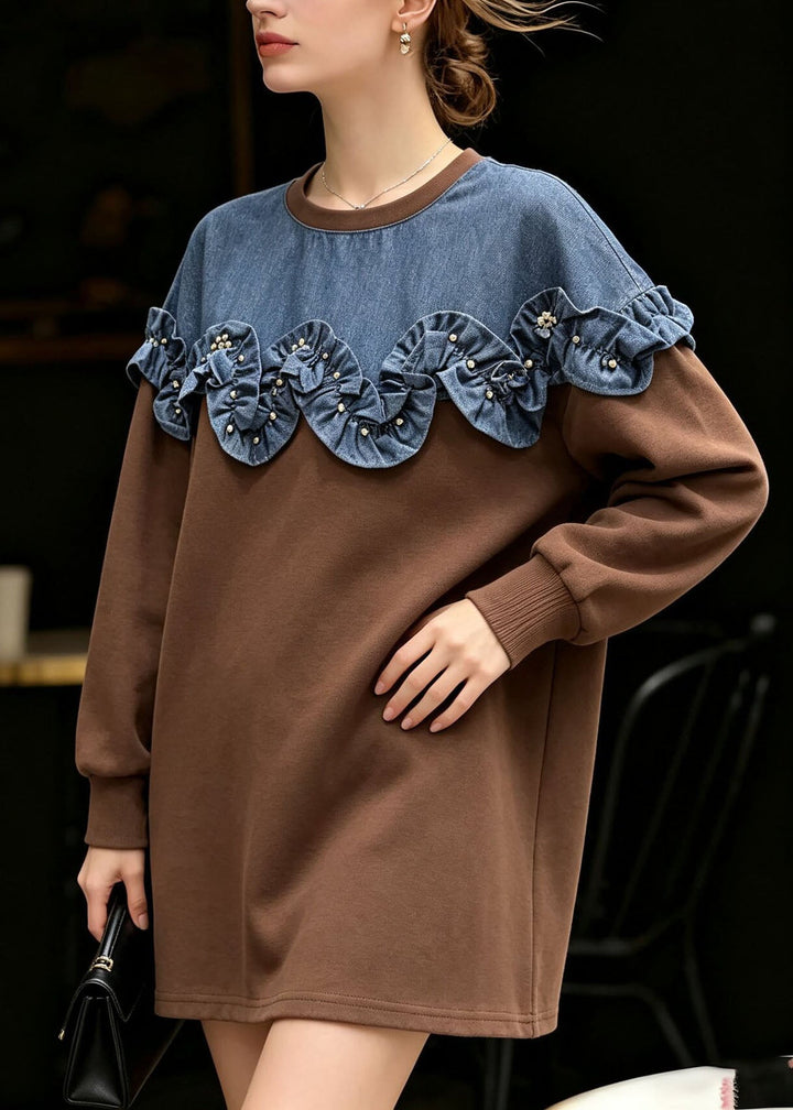 Damen Strickjacke mit Rüschen-Patchwork Design in Braun 1