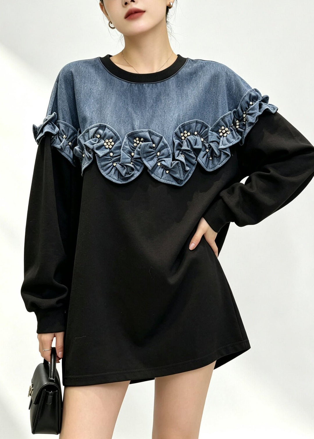 Damen Strickjacke mit Rüschen-Patchwork Design in Schwarz
