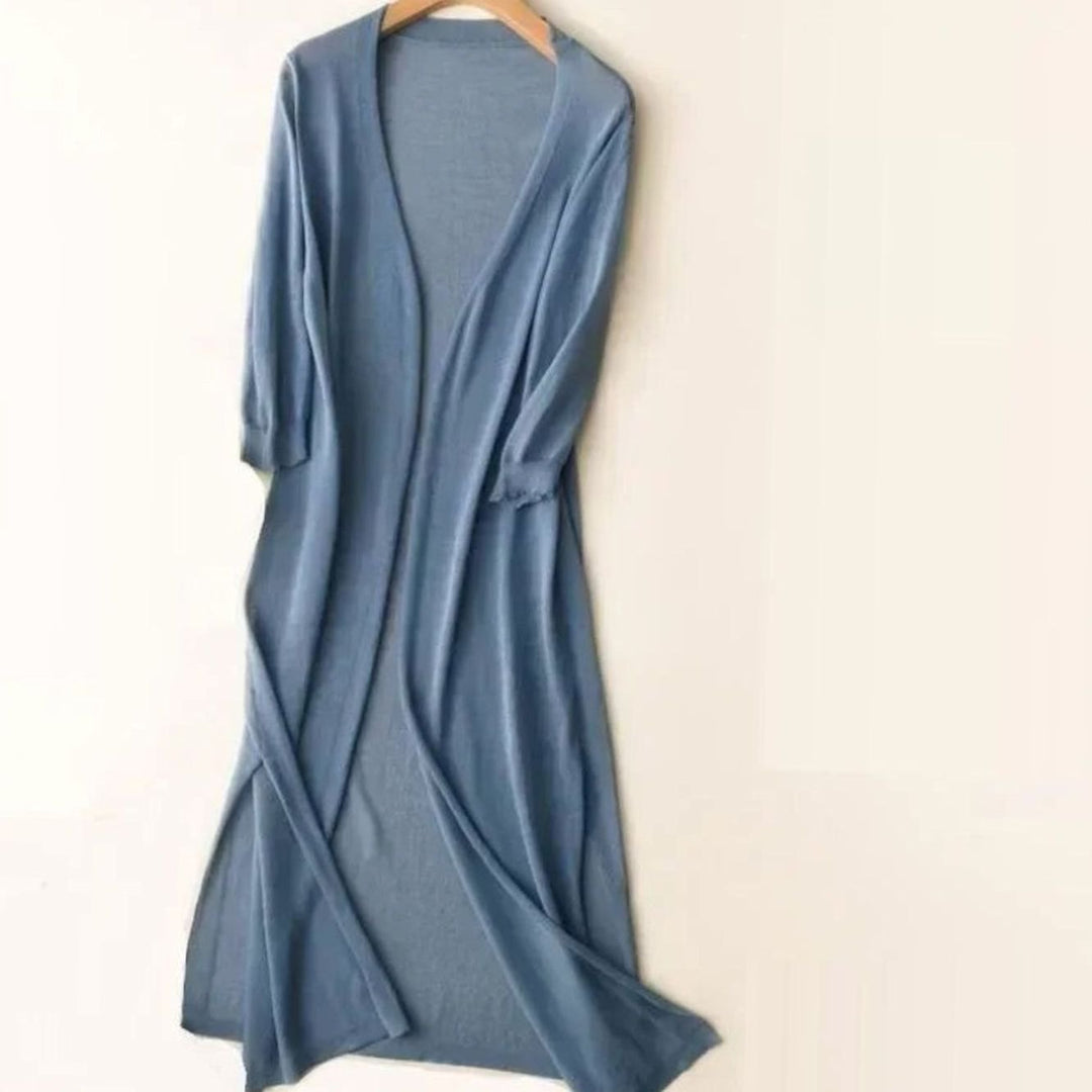 Damen Strickjacke mit Seitenschlitzen in Maxilänge in Blau