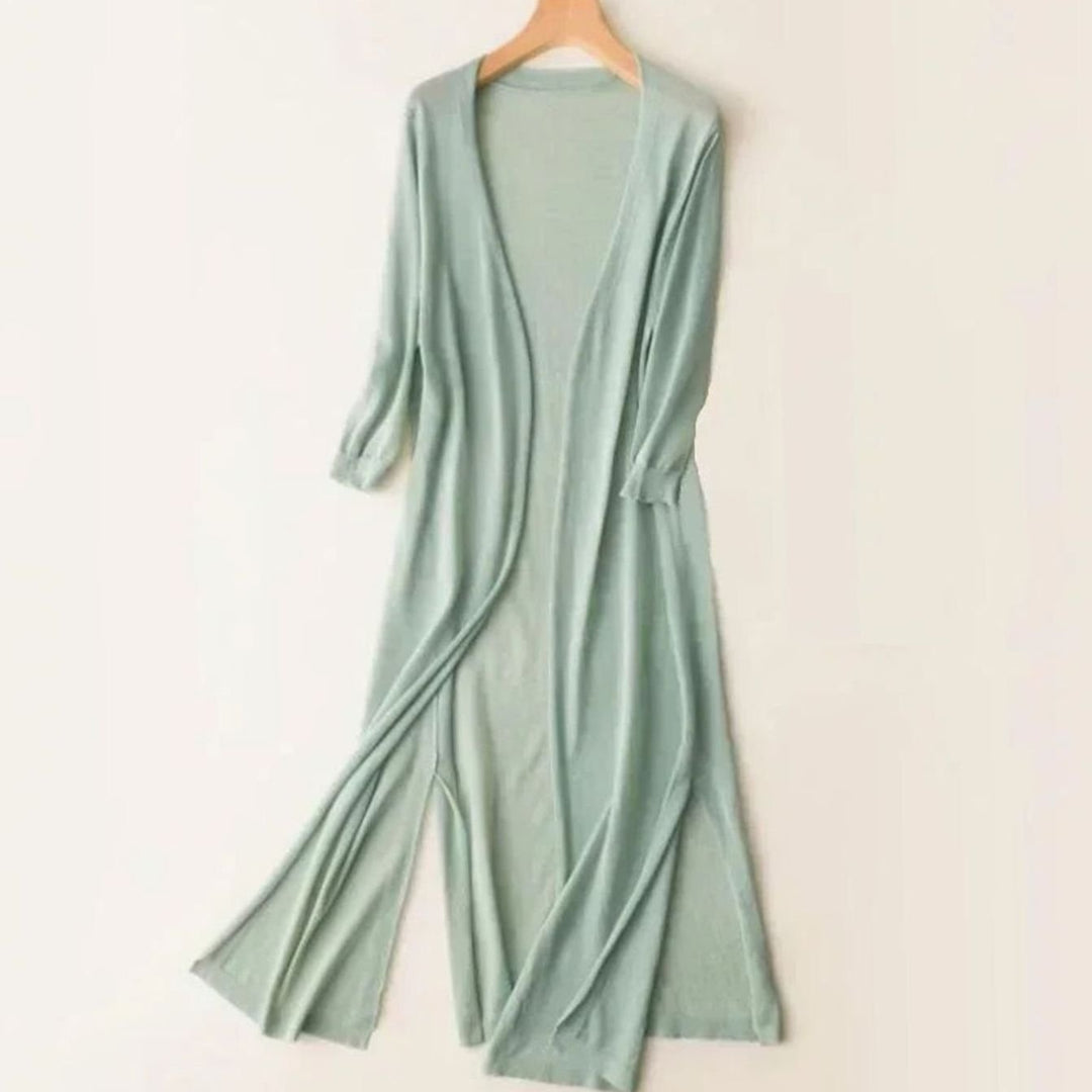 Damen Strickjacke mit Seitenschlitzen in Maxilänge in Grün