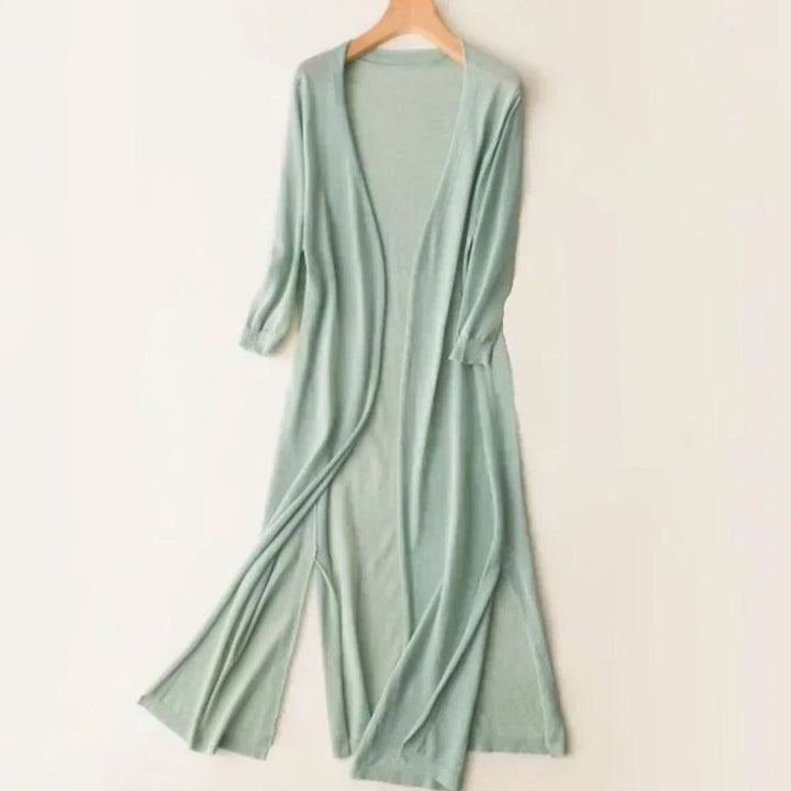 Damen Strickjacke mit Seitenschlitzen in Maxilänge in Grün