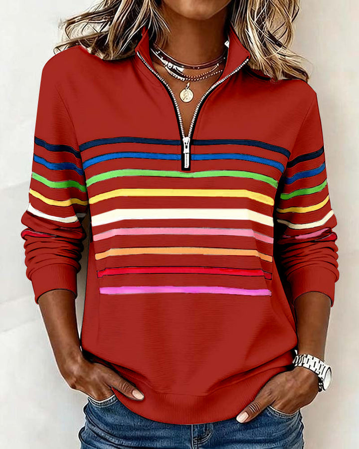 Damen Strickjacke mit Streifenbändern und Reißverschluss in Rot