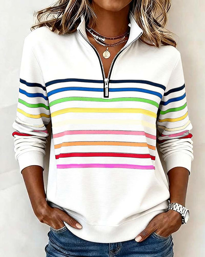 Damen Strickjacke mit Streifenbändern und Reißverschluss in Weiß