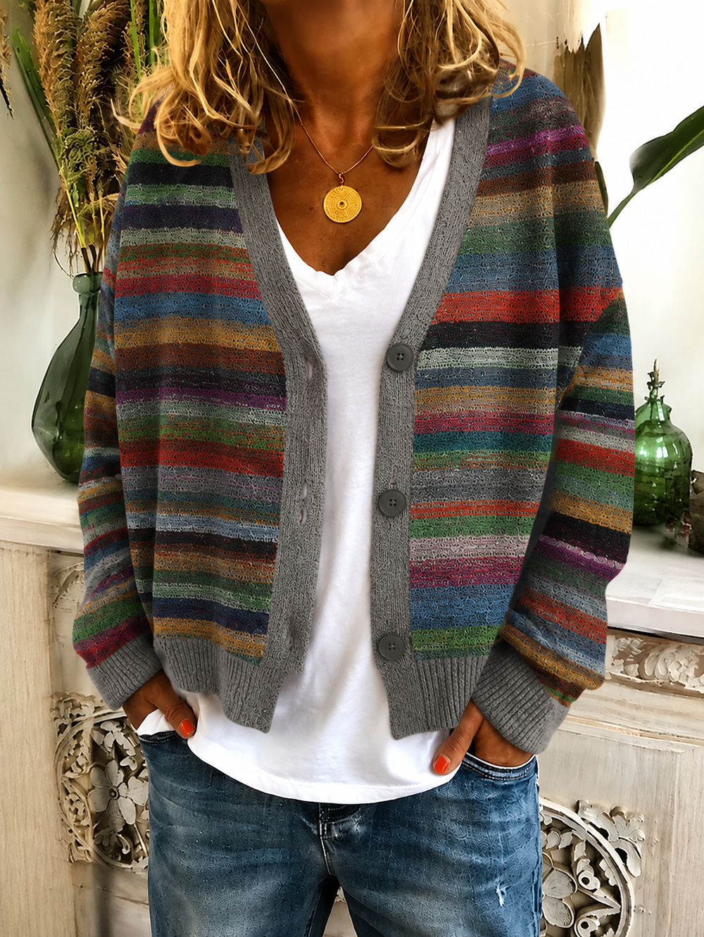 Damen Strickjacke mit Streifenmuster für Herbst (2)