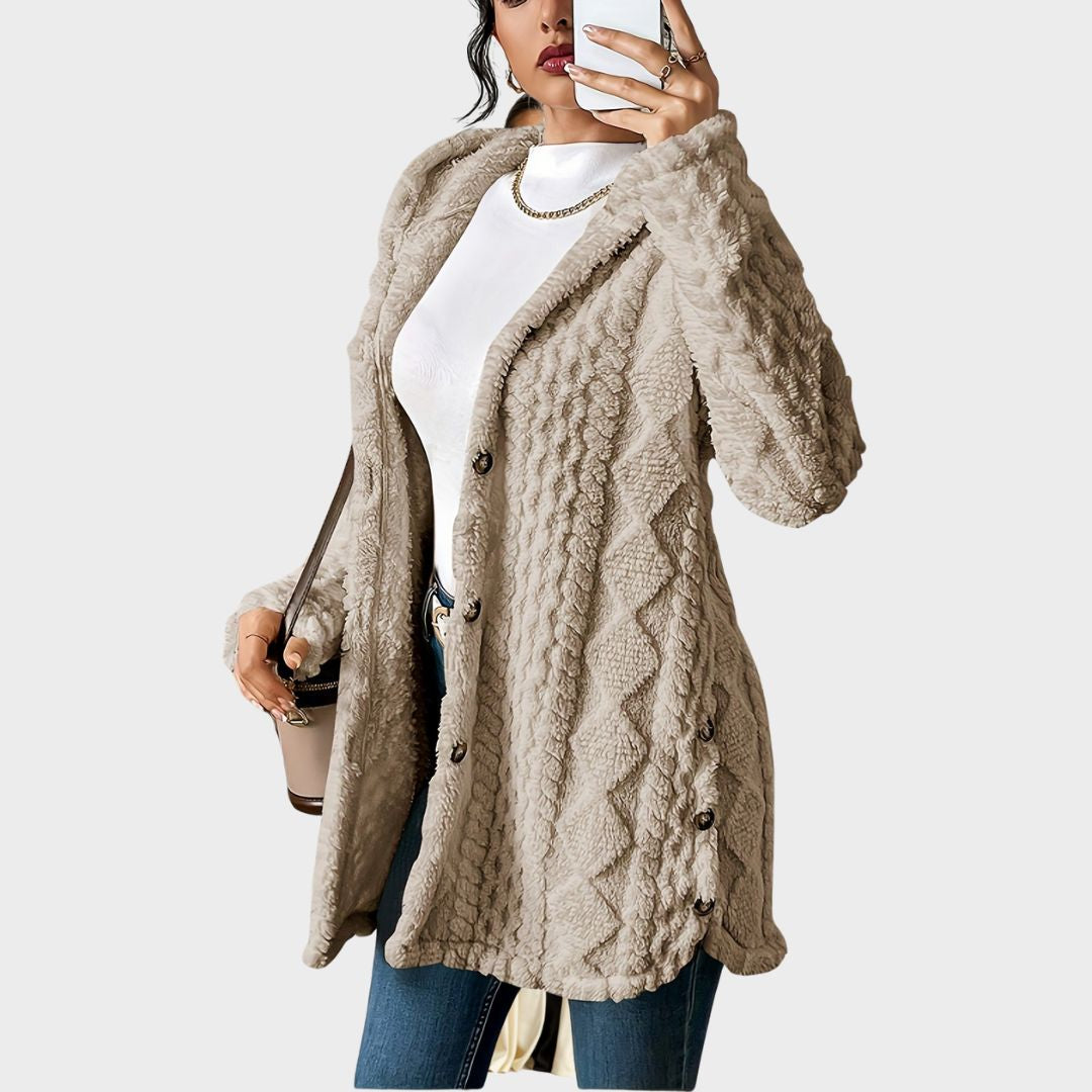 Damen Strickjacke mit strukturierter Kapuze und Langarm (2)
