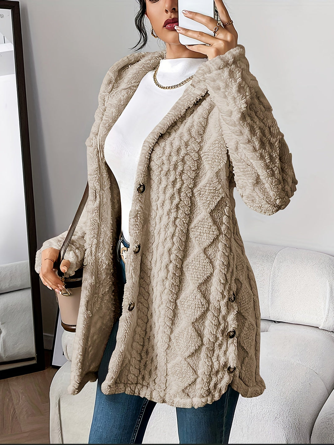 Damen Strickjacke mit strukturierter Kapuze und Langarm in Khaki