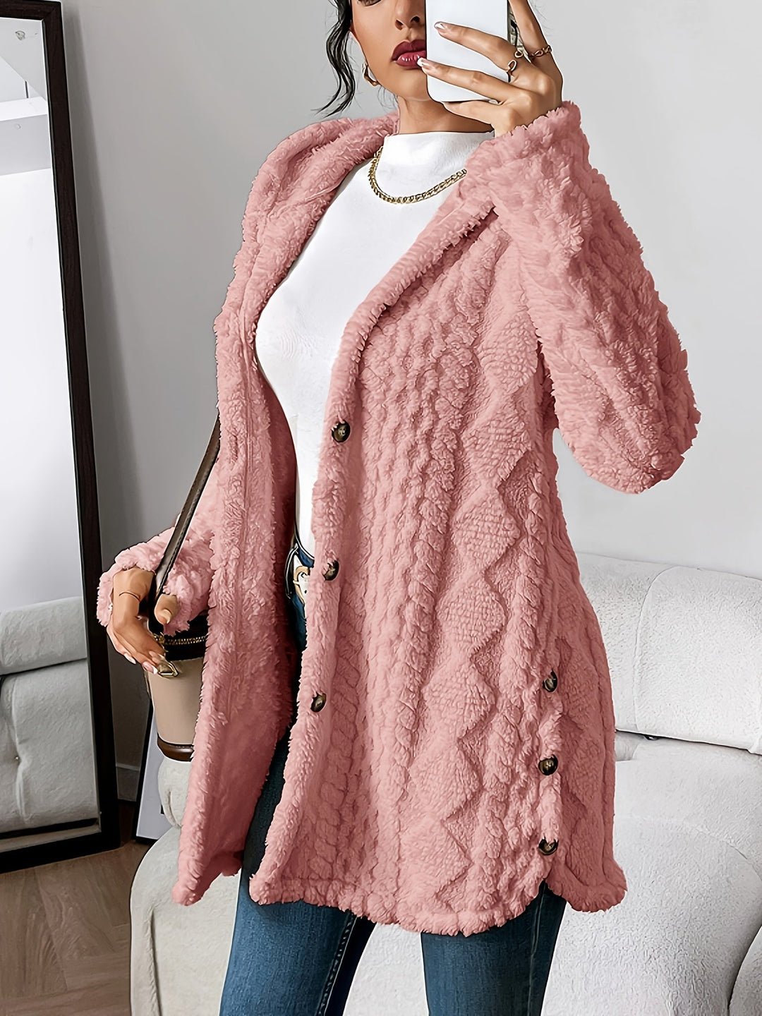 Damen Strickjacke mit strukturierter Kapuze und Langarm in Rosa