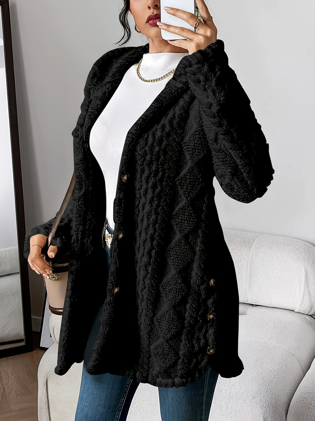 Damen Strickjacke mit strukturierter Kapuze und Langarm in Schwarz