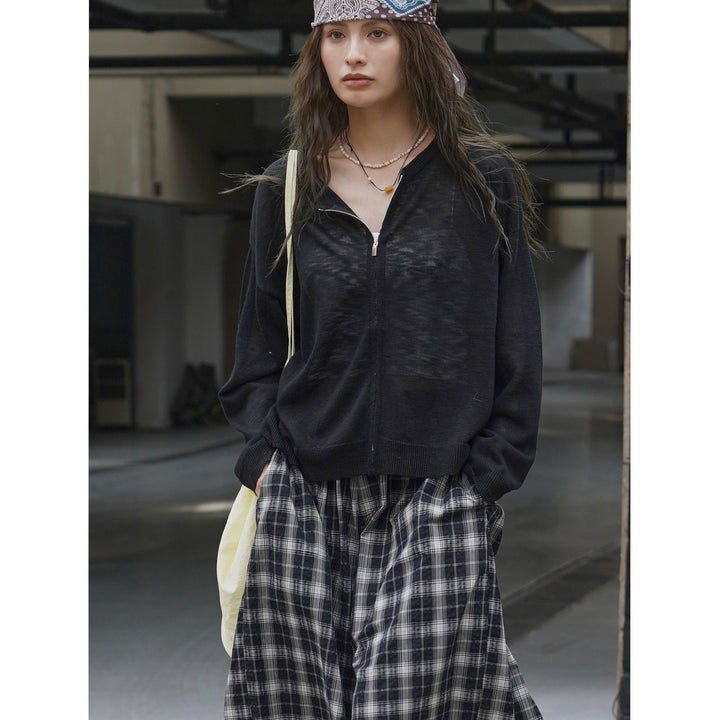 Damen Strickjacke Oversize Feinstrick mit Reißverschluss in Schwarz