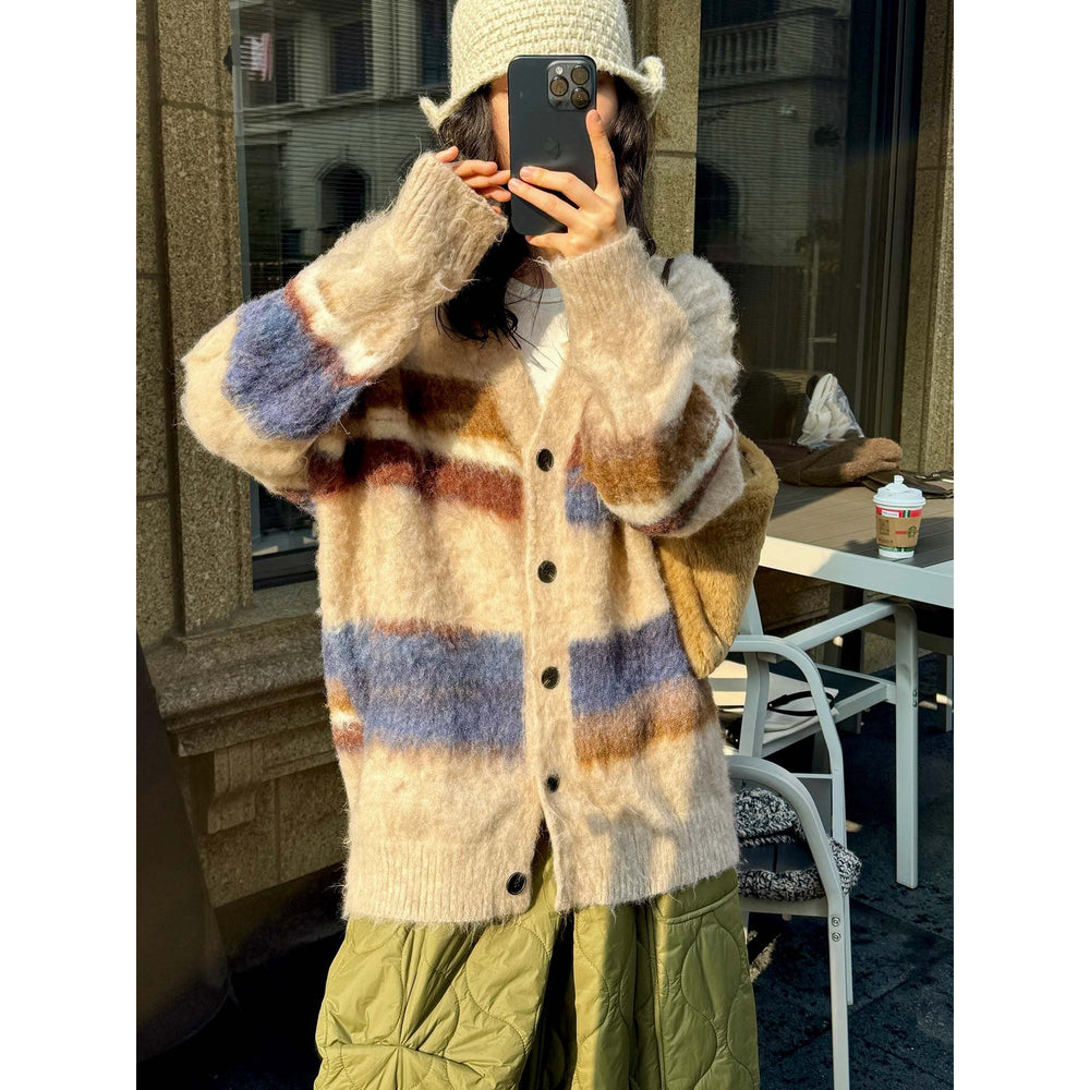 Damen Strickjacke Oversize mit Karomuster in Haferbeige
