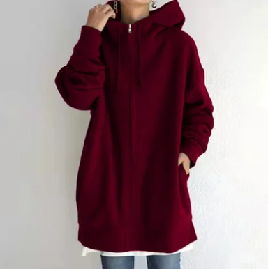 Damen Strickjacke Oversized mit Kapuze in Weinrot