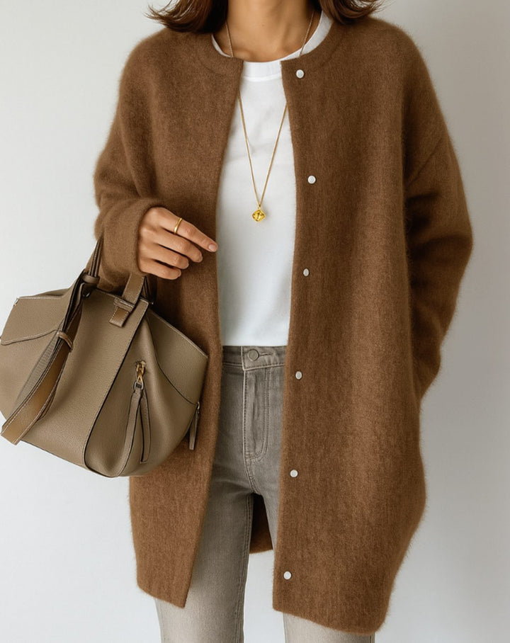 Damen Strickjacke zum Überziehen in Midilänge in Caramel