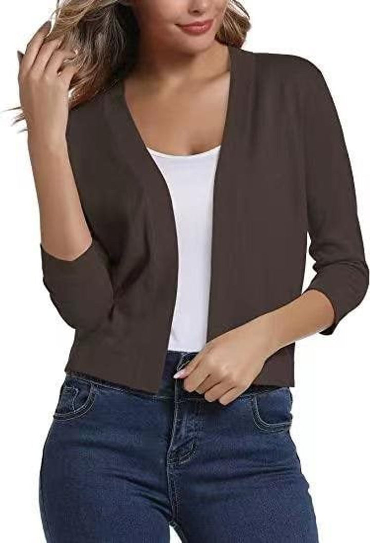 Damen Strickjacke zum Überziehen mit 3/4 Ärmeln in Braun