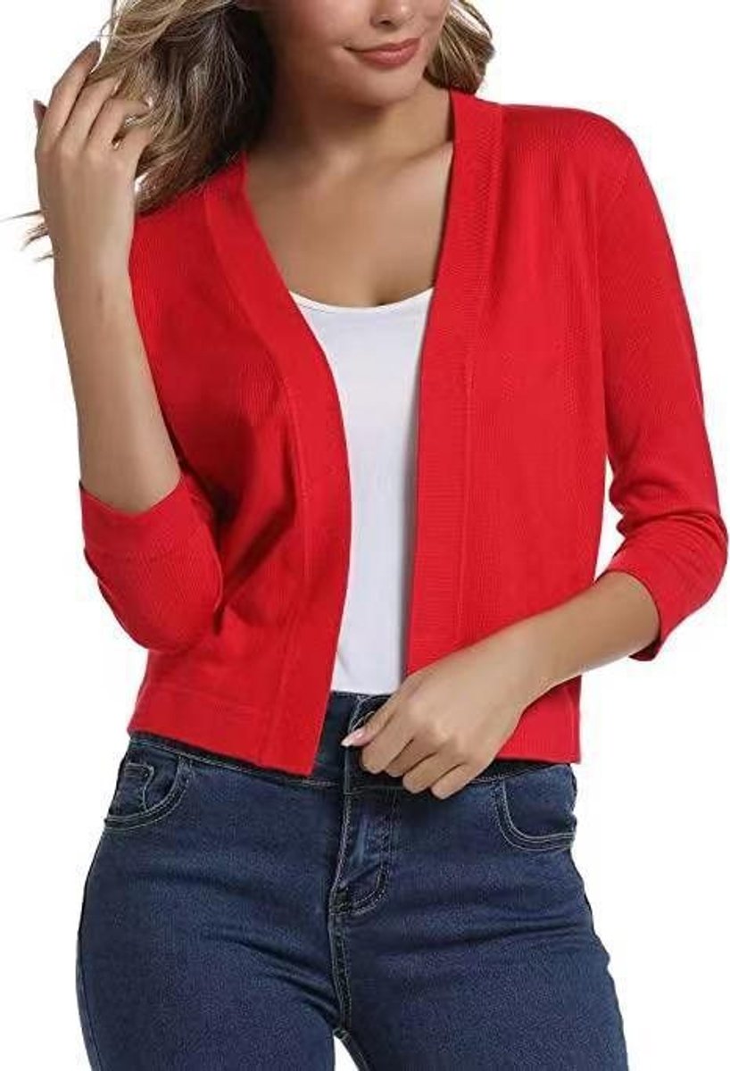 Damen Strickjacke zum Überziehen mit 3/4 Ärmeln in China Red
