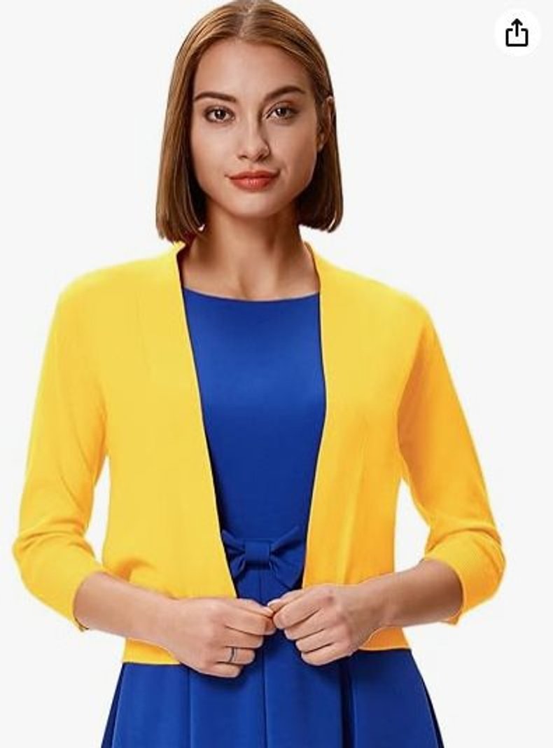 Damen Strickjacke zum Überziehen mit 3/4 Ärmeln in Gelb