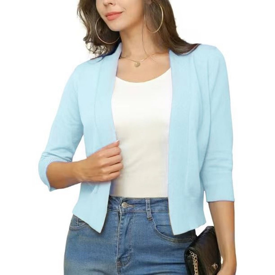 Damen Strickjacke zum Überziehen mit 3/4 Ärmeln in Hellblau