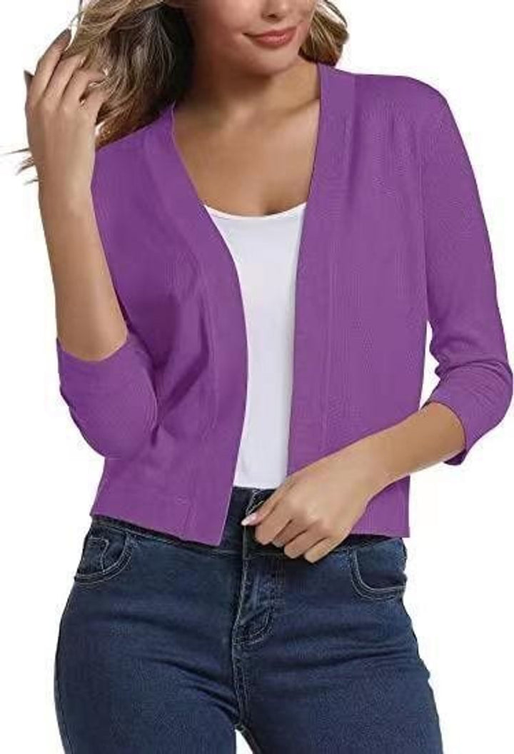 Damen Strickjacke zum Überziehen mit 3/4 Ärmeln in Lila