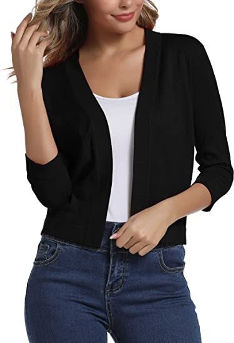 Damen Strickjacke zum Überziehen mit 3/4 Ärmeln in Schwarz