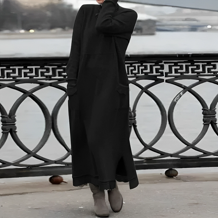Damen Strickkleid elegant Maxi für Herbst in Schwarz