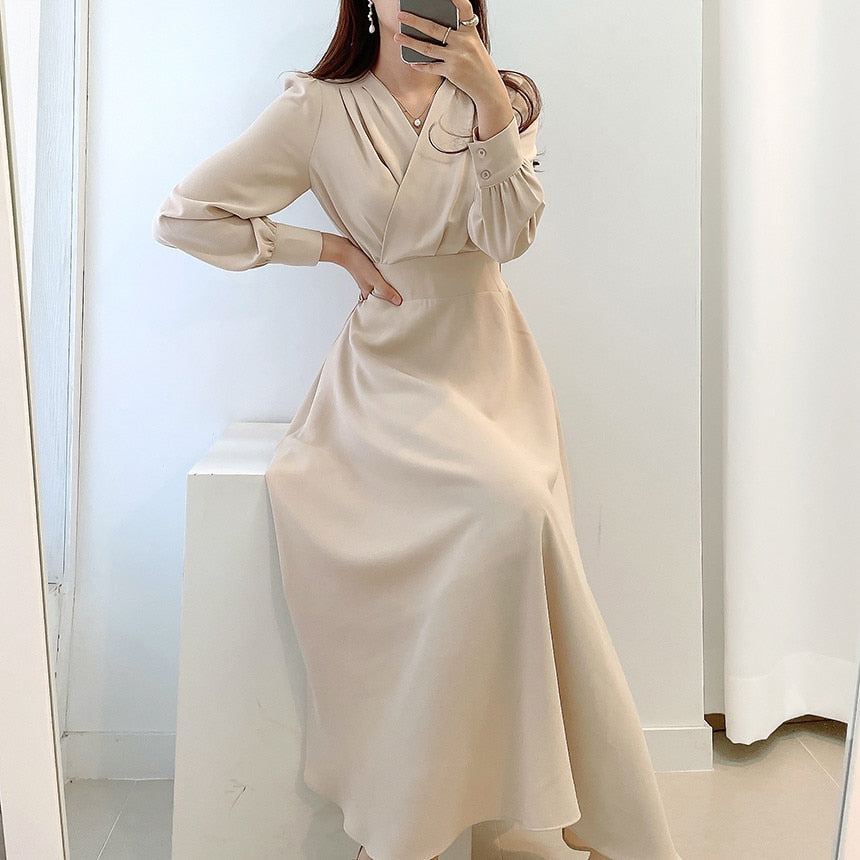Damen Strickkleid Festlich V-Ausschnitt Puff-Ärmel Herbst