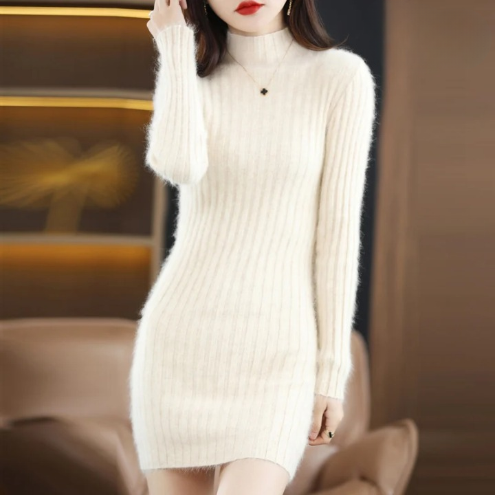 Damen Strickkleid Herbst für Hochzeitsgäste in Beige